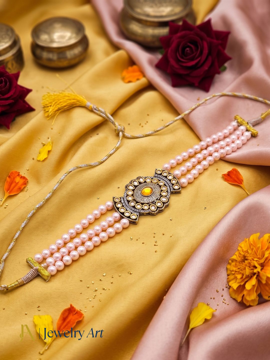 Handcrafted look antique gold necklace with yellow crystal embellishments
