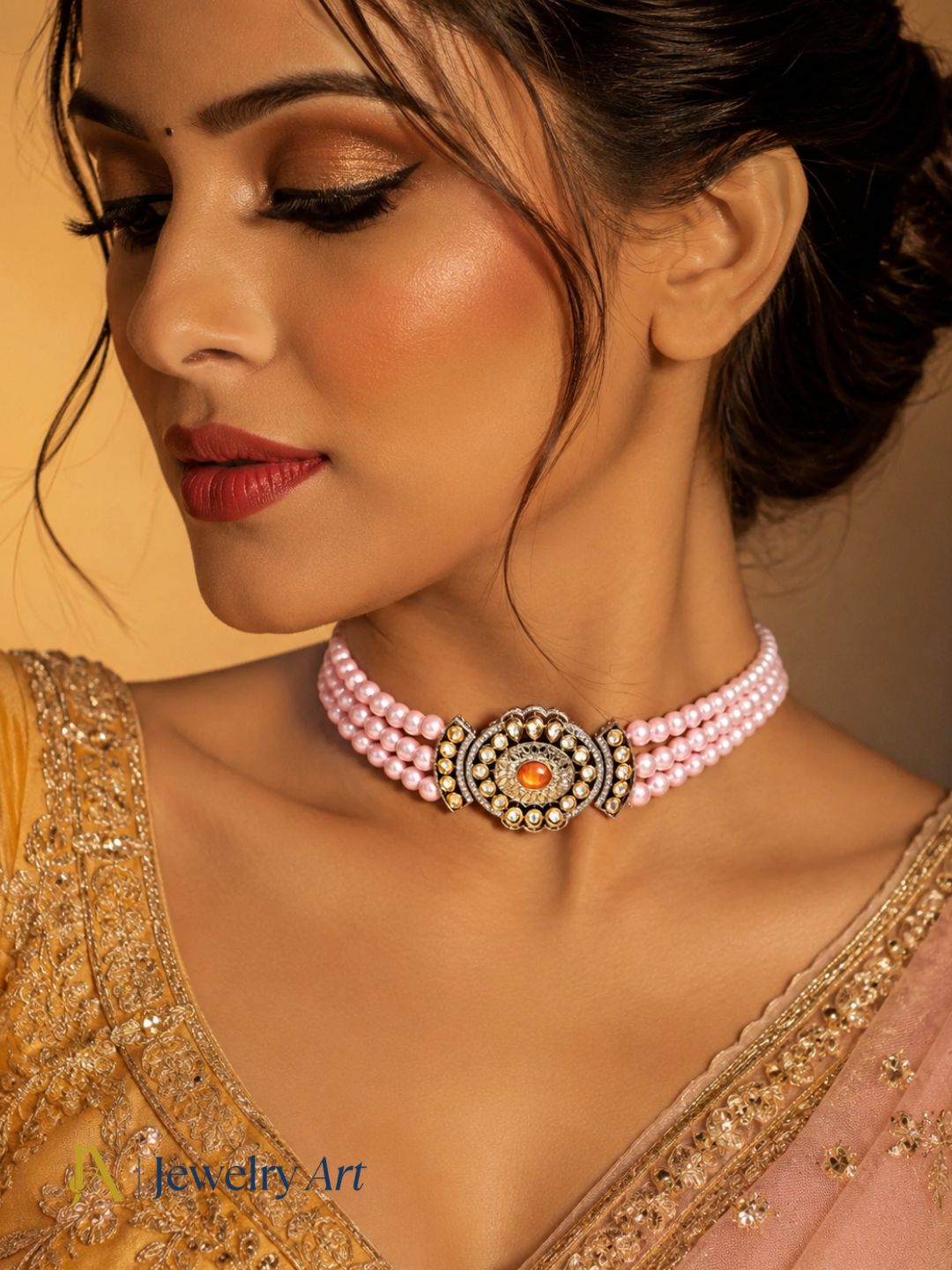 Handcrafted look antique gold necklace with yellow crystal embellishments
