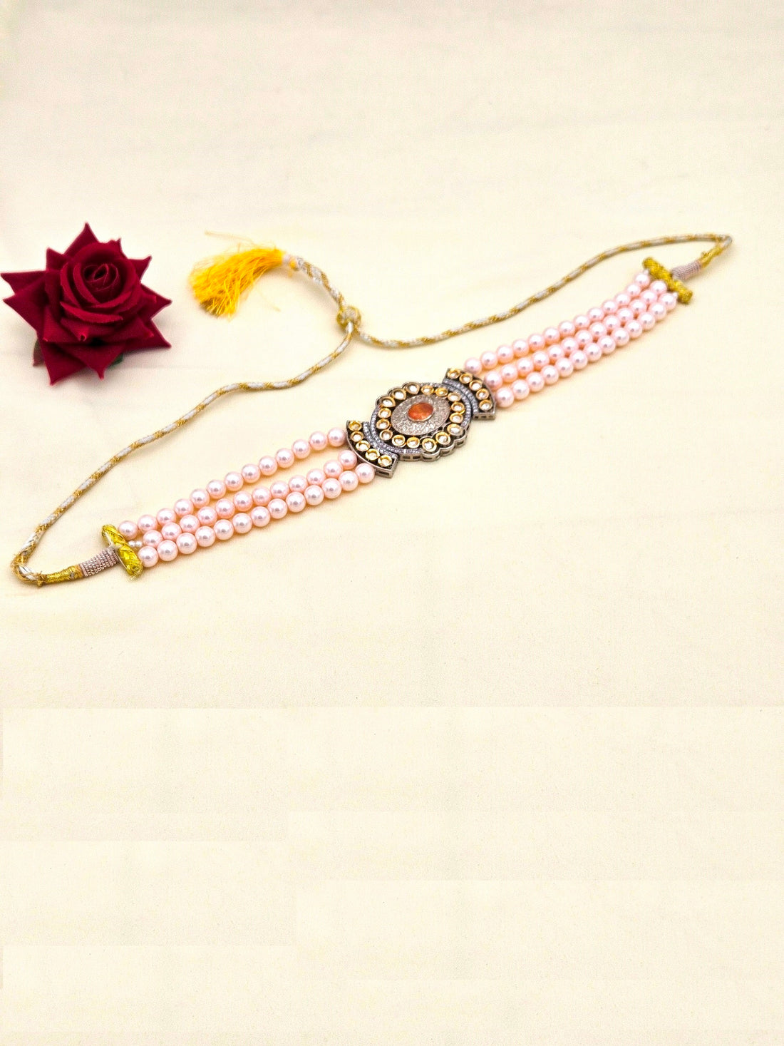 Amazing Antique Gold Plated AD-Faux Kundan- Polky-Yellow Crystal -Pink Pearl Choker Necklace