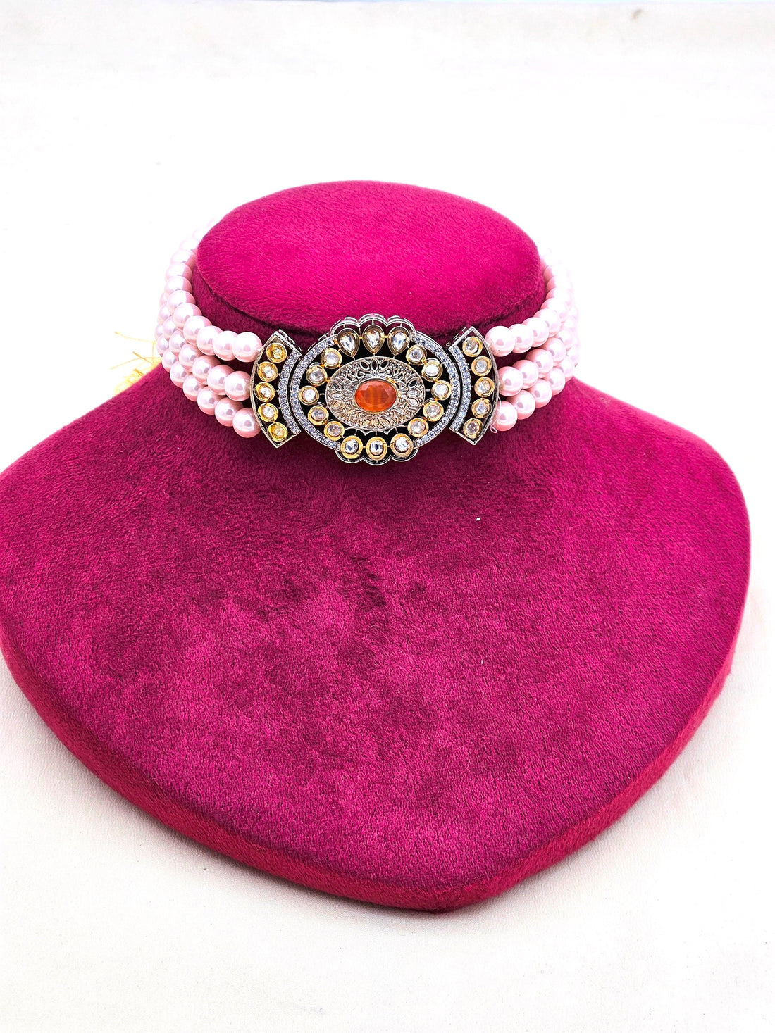 Amazing Antique Gold Plated AD-Faux Kundan- Polky-Yellow Crystal -Pink Pearl Choker Necklace