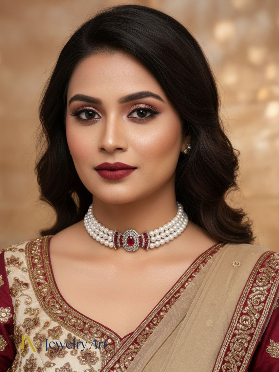 Stylish party wear choker necklace with red crystals and silver pearls
