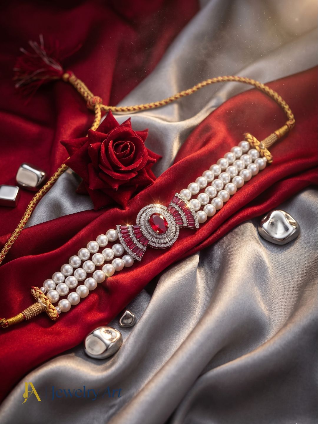 Stylish party wear choker necklace with red crystals and silver pearls
