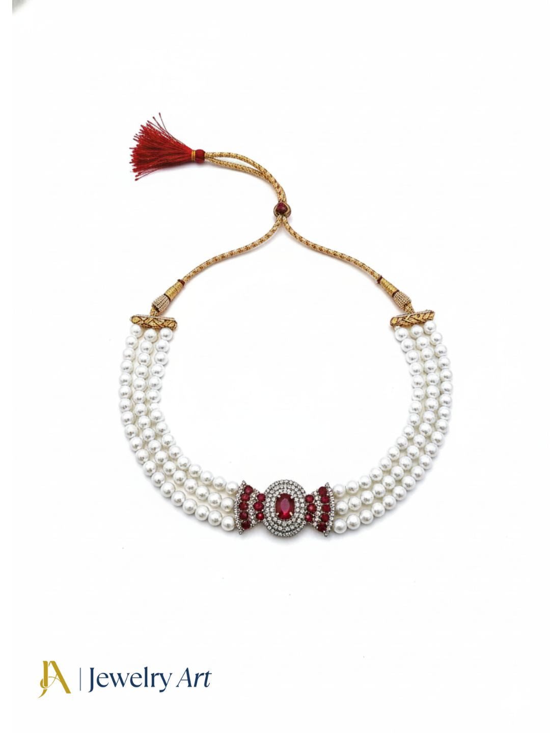 Stylish party wear choker necklace with red crystals and silver pearls
