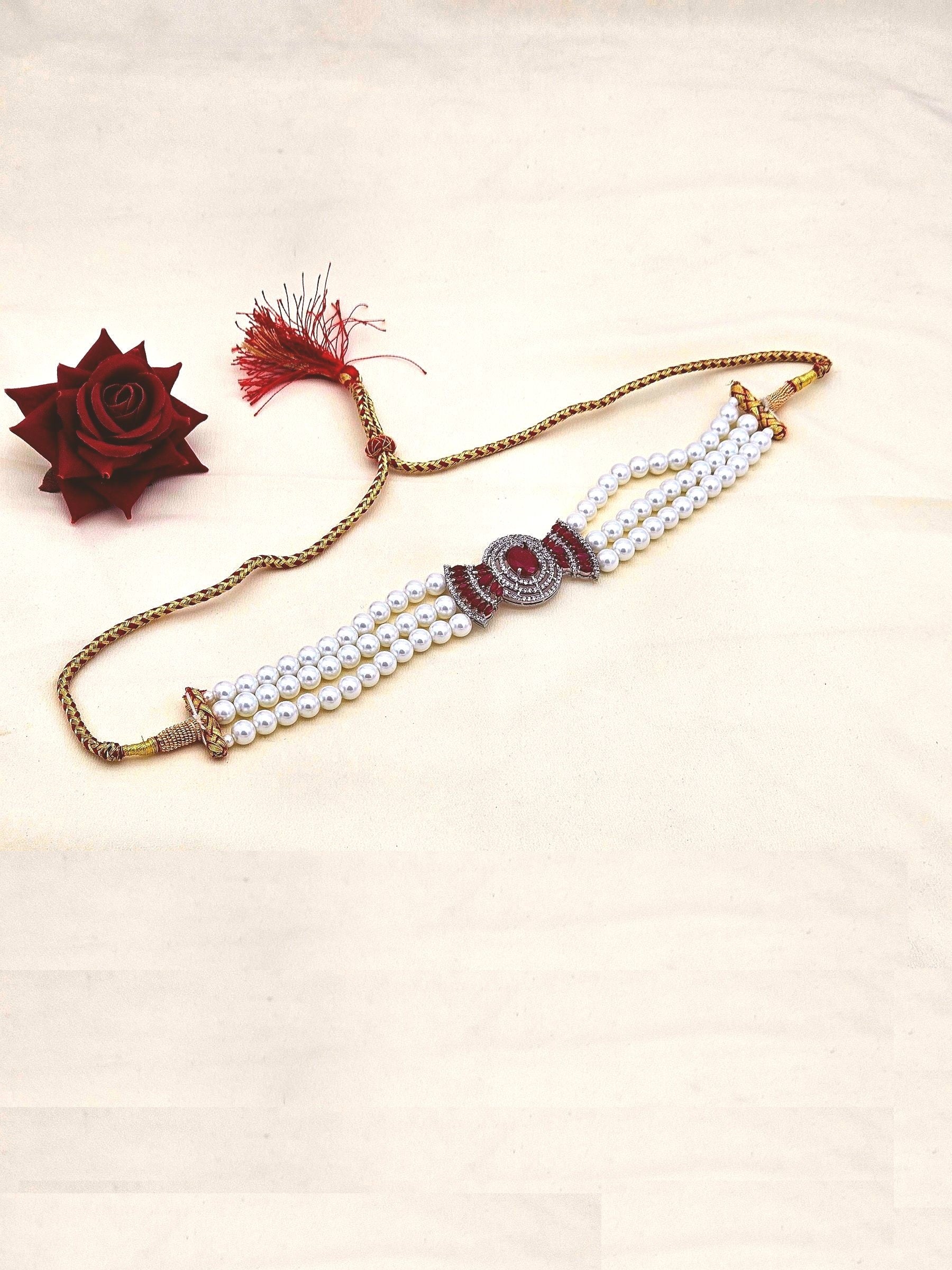 Fascinating Antique Gold Plated AD-Red Crystal-Silvery Pearl Choker Necklace