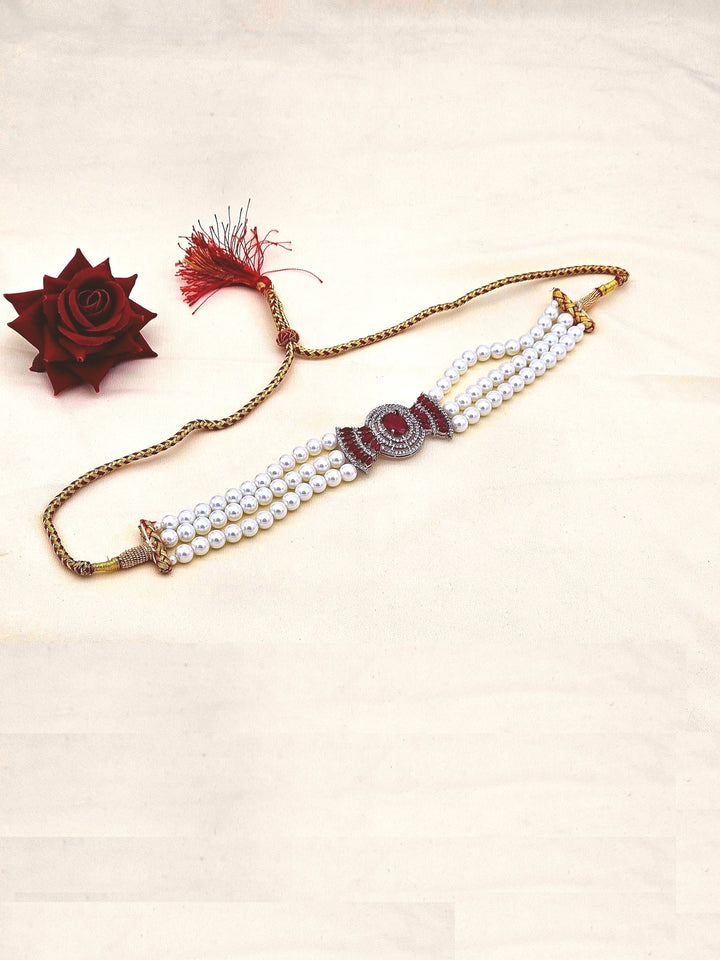 Fascinating Antique Gold Plated AD-Red Crystal-Silvery Pearl Choker Necklace