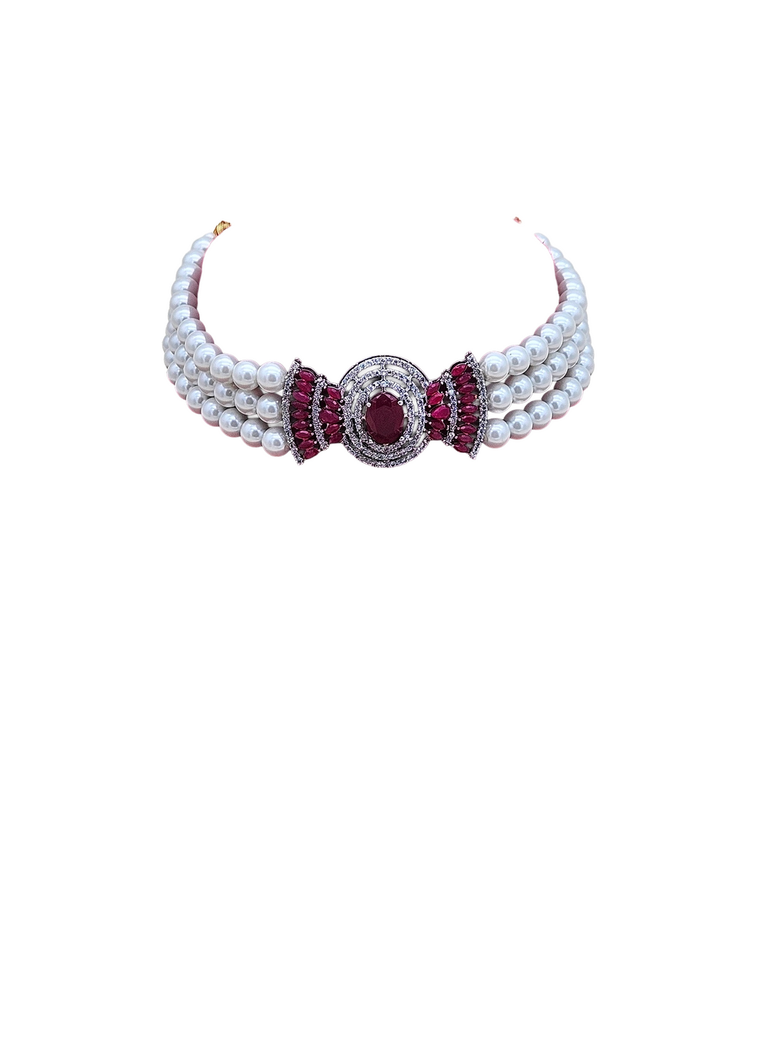 Fascinating Antique Gold Plated AD-Red Crystal-Silvery Pearl Choker Necklace