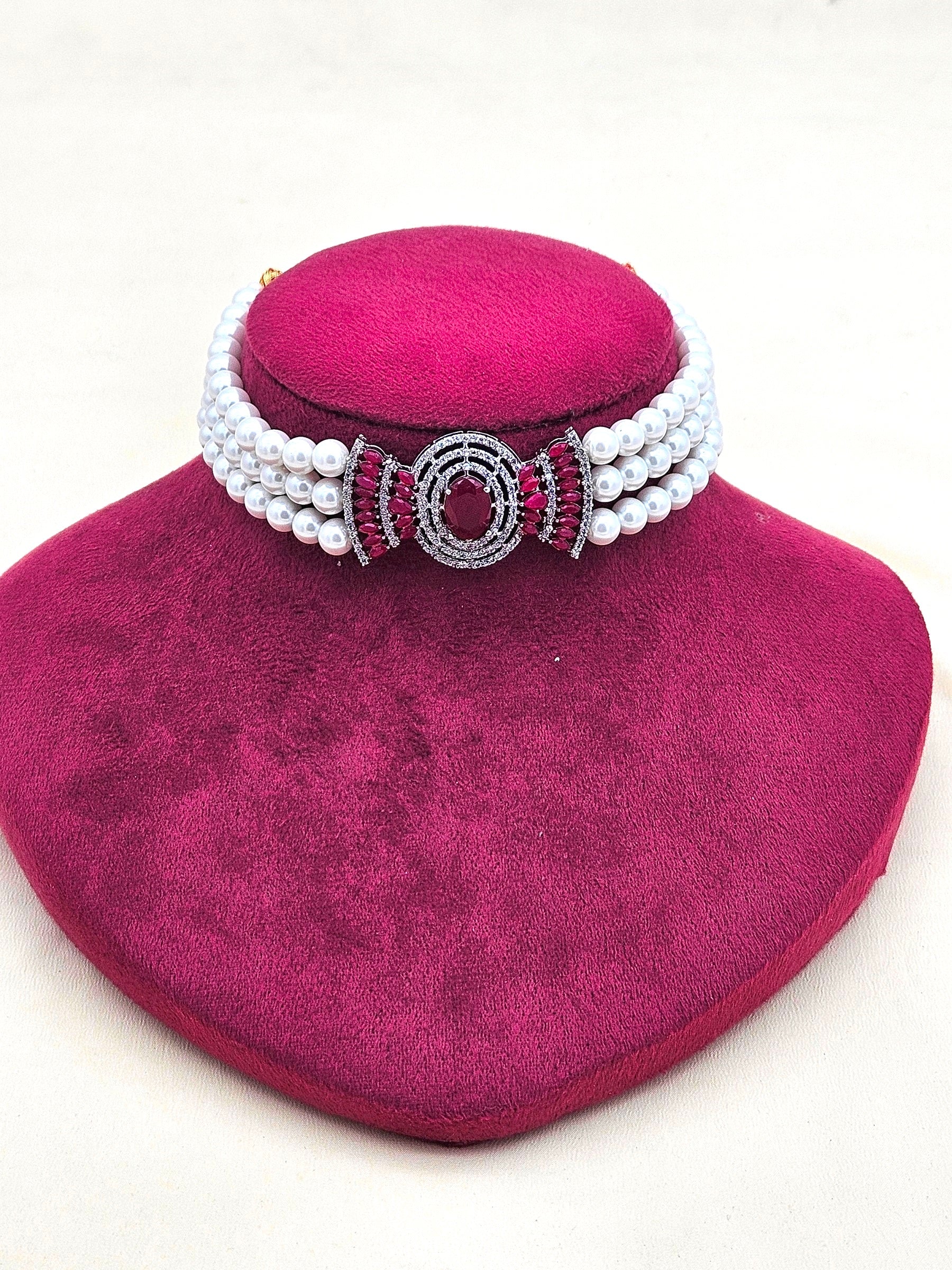 Fascinating Antique Gold Plated AD-Red Crystal-Silvery Pearl Choker Necklace