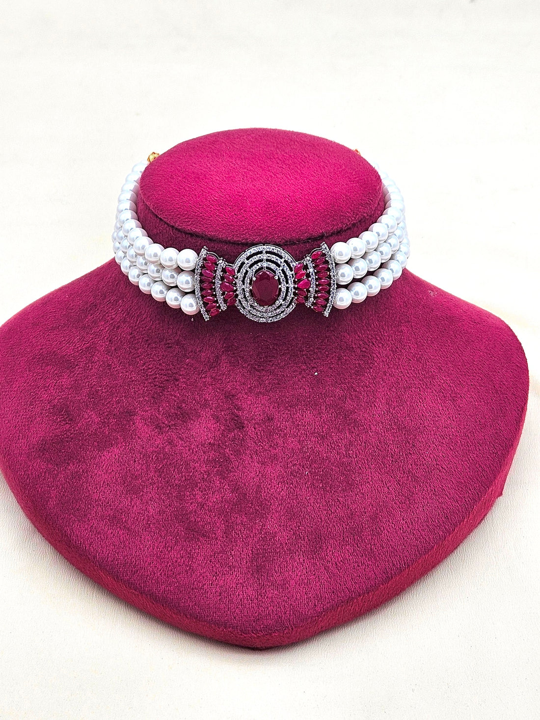 Fascinating Antique Gold Plated AD-Red Crystal-Silvery Pearl Choker Necklace