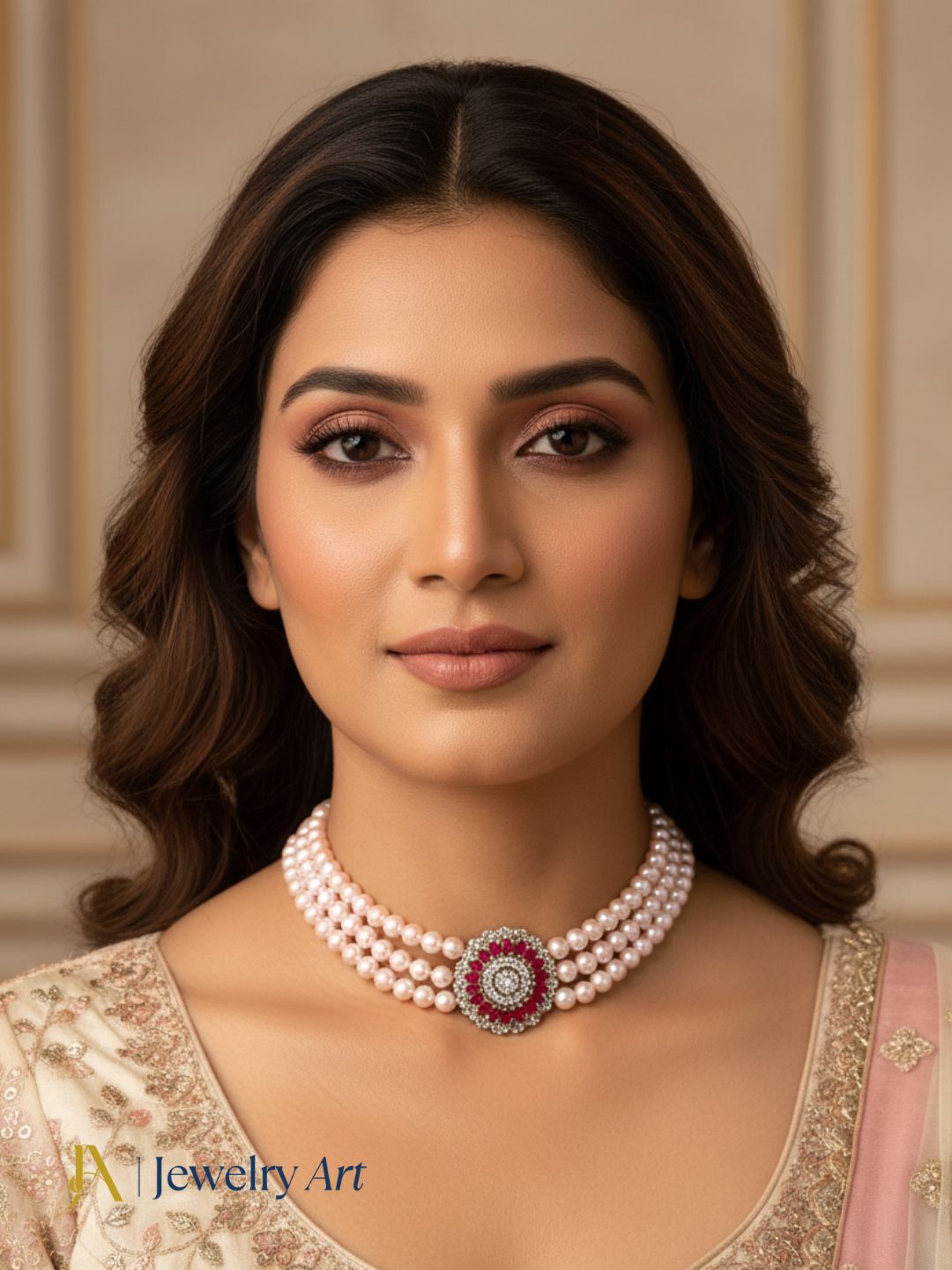Royal style choker necklace with pink pearls red crystals and antique gold polish
