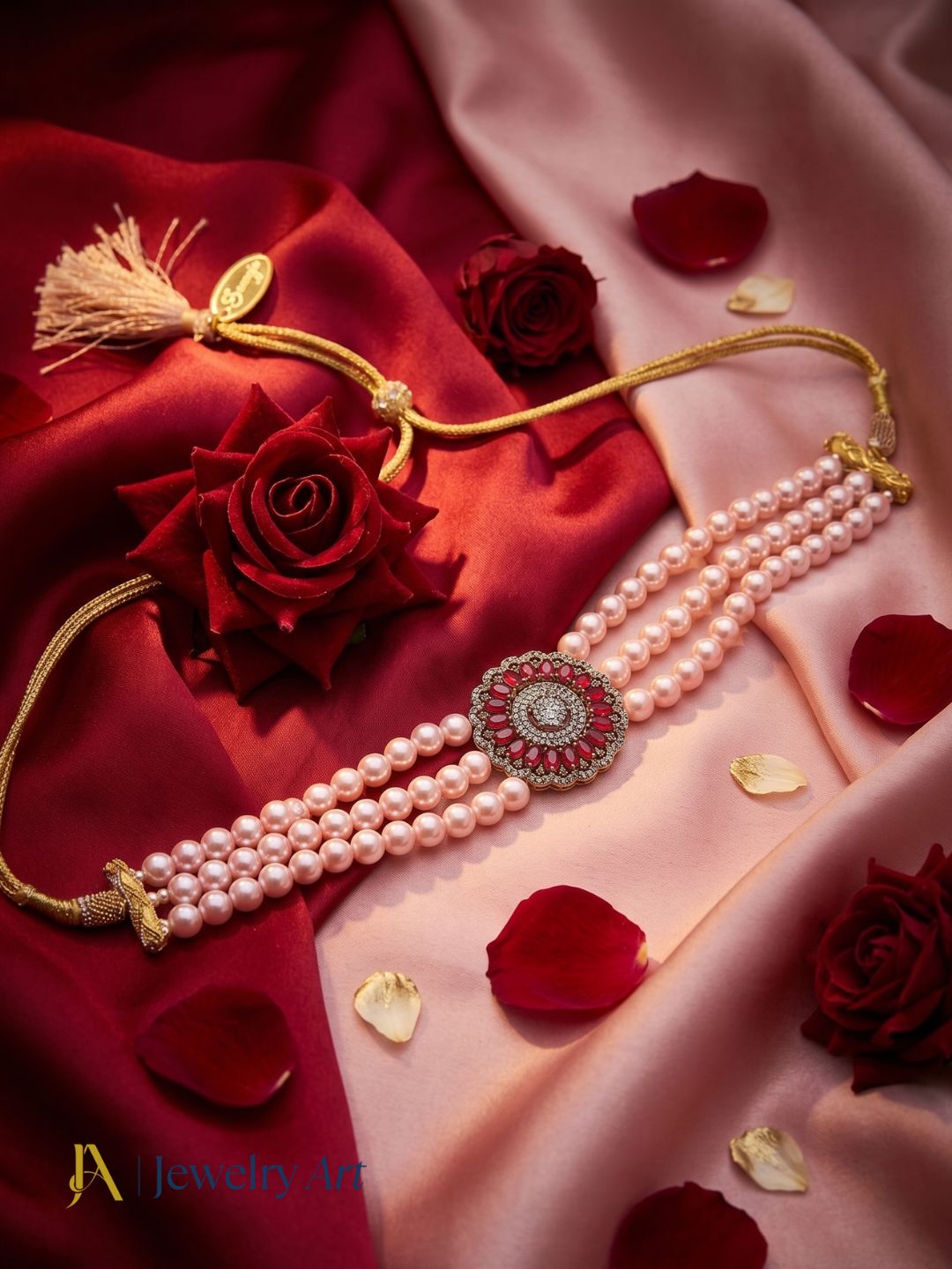 Royal style choker necklace with pink pearls red crystals and antique gold polish
