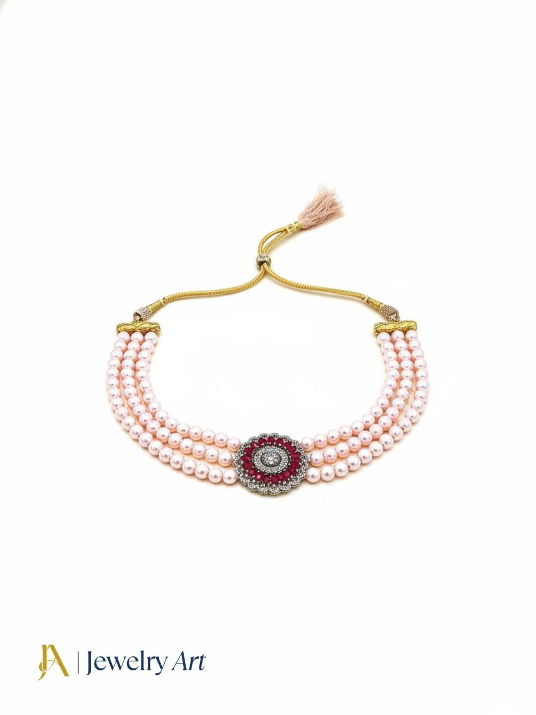 Royal style choker necklace with pink pearls red crystals and antique gold polish
