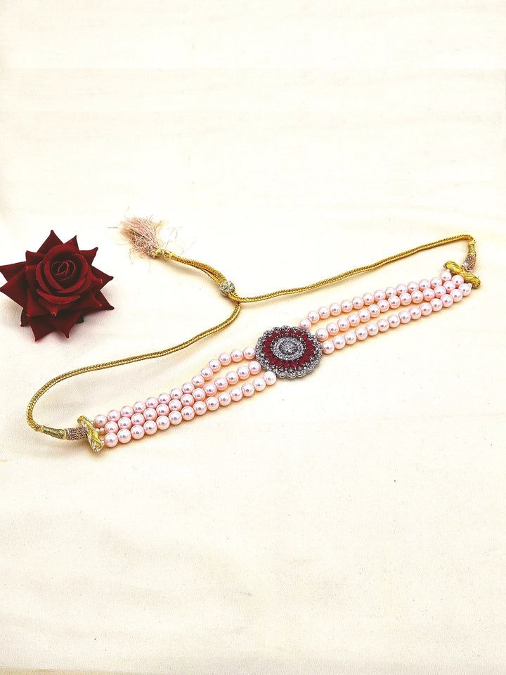 Stunning Antique Gold Plated AD-Red Crystal-Pink Pearl Choker Necklace