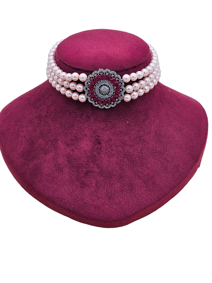 Stunning Antique Gold Plated AD-Red Crystal-Pink Pearl Choker Necklace