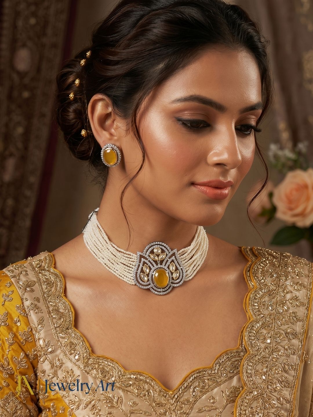 AD synthetic polky glass stone pearl choker necklace earring set traditional jewelry

