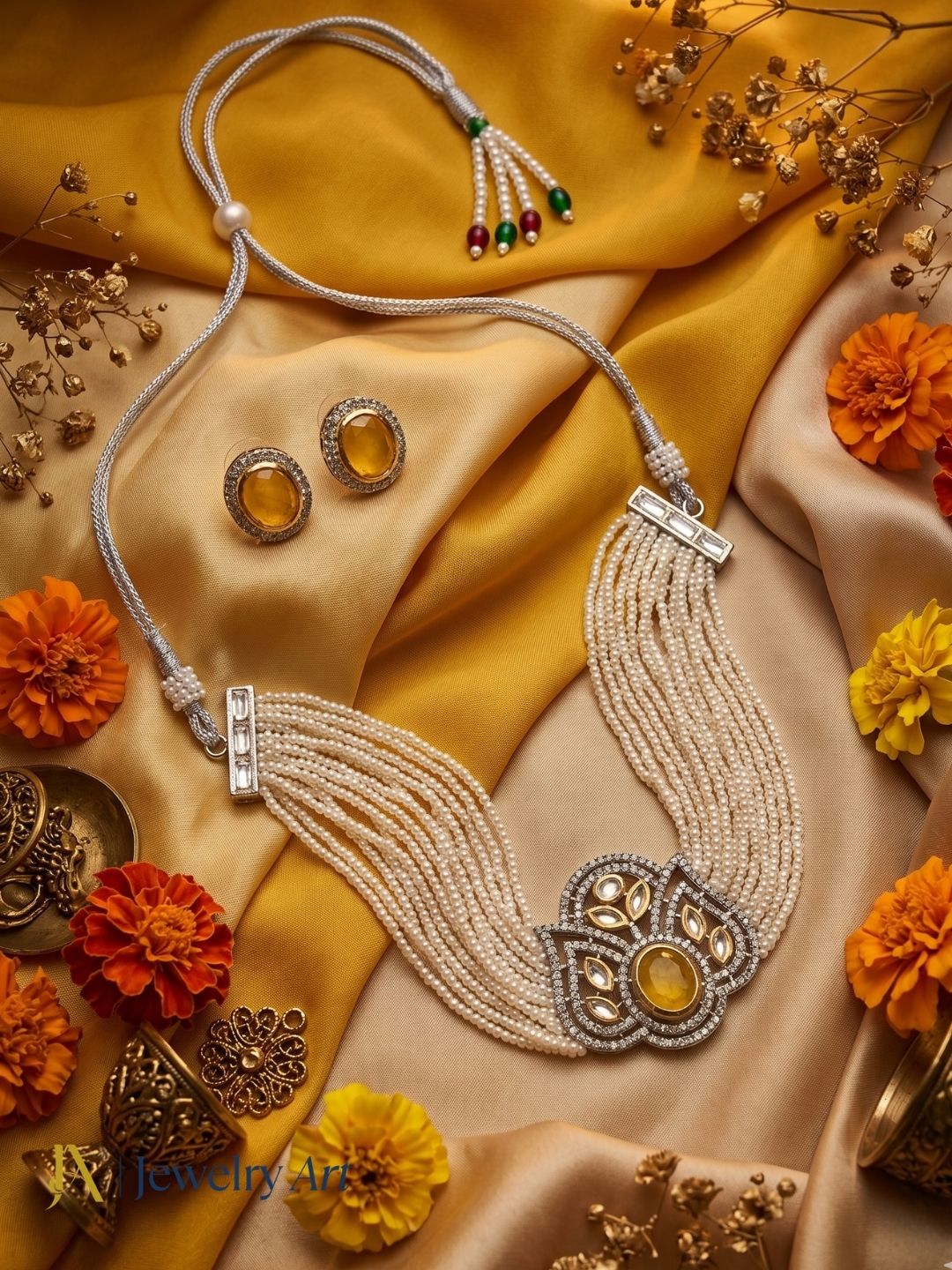 Gorgeous AD-Synthetic Polky-Yellow Monalisa-Pearl Choker Necklace-Earring Set