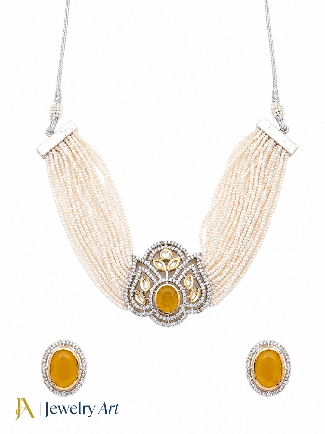 Gorgeous AD-Synthetic Polky-Yellow Monalisa-Pearl Choker Necklace-Earring Set