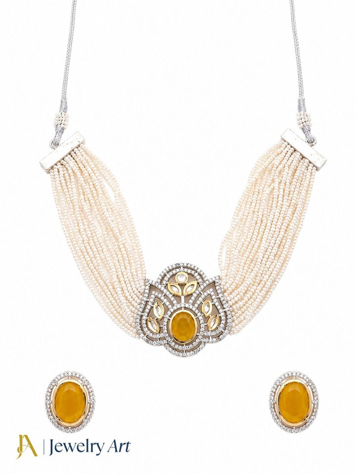 Gorgeous AD-Synthetic Polky-Yellow Monalisa-Pearl Choker Necklace-Earring Set