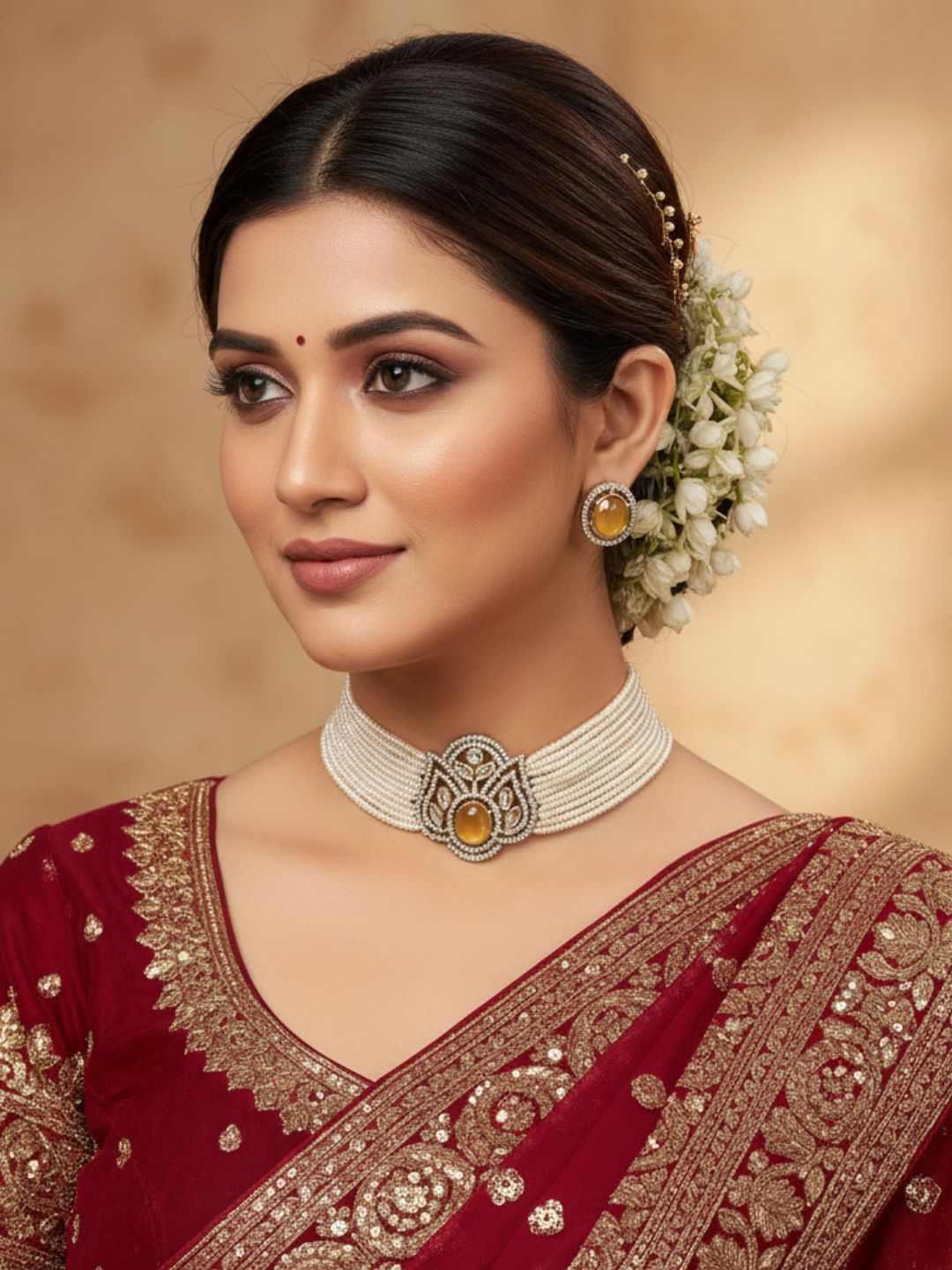 Gorgeous AD-Synthetic Polky-Yellow Monalisa-Pearl Choker Necklace-Earring Set