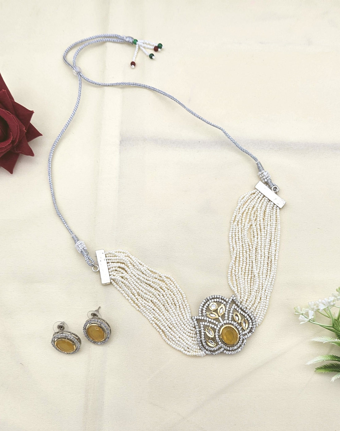 Yellow Monalisa pearl choker set with American diamonds and synthetic Polky – elegant festive jewelry
