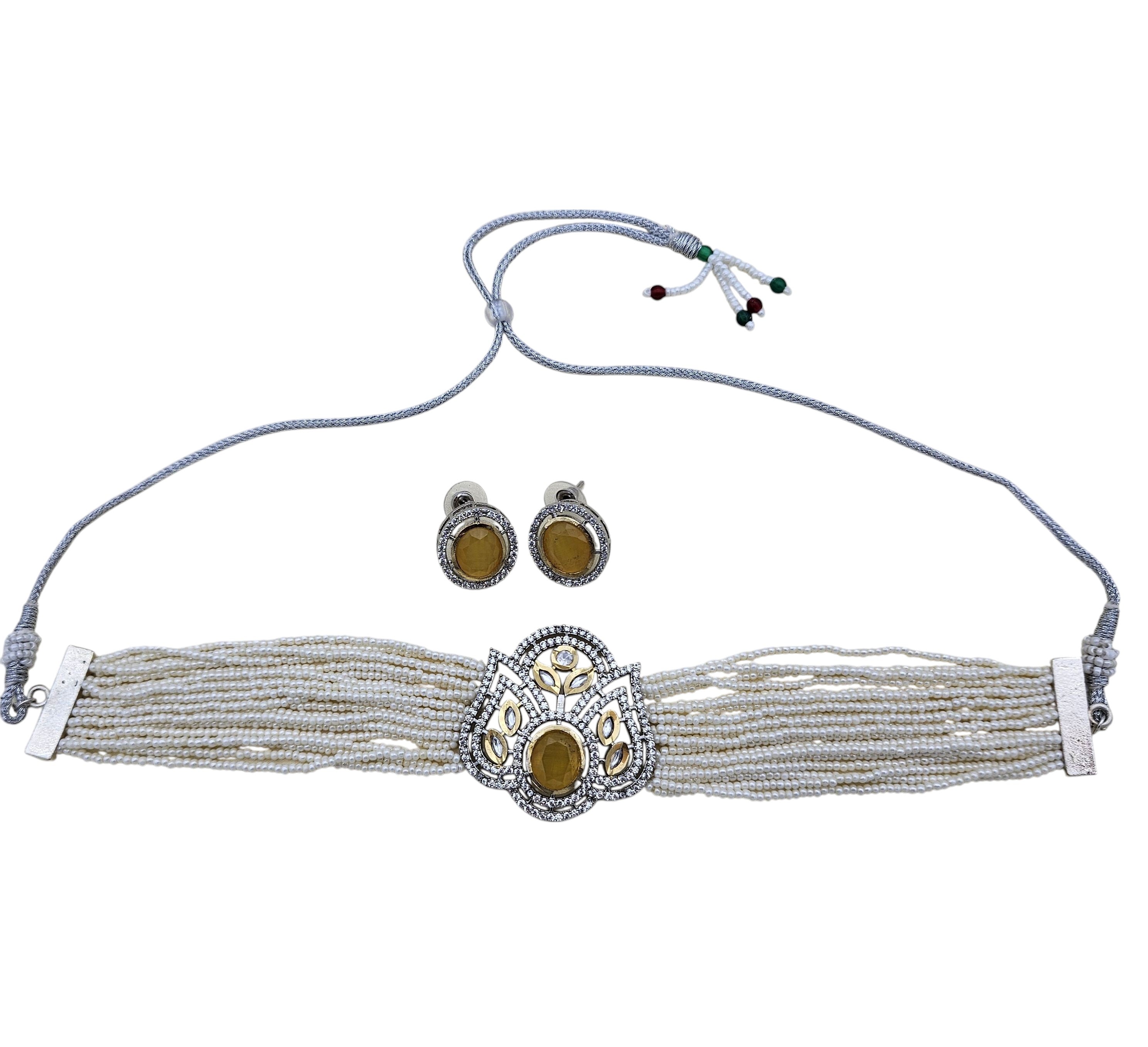 Handcrafted gold-tone choker set with yellow Monalisa pearls, sparkling AD stones, and synthetic Polky accents
