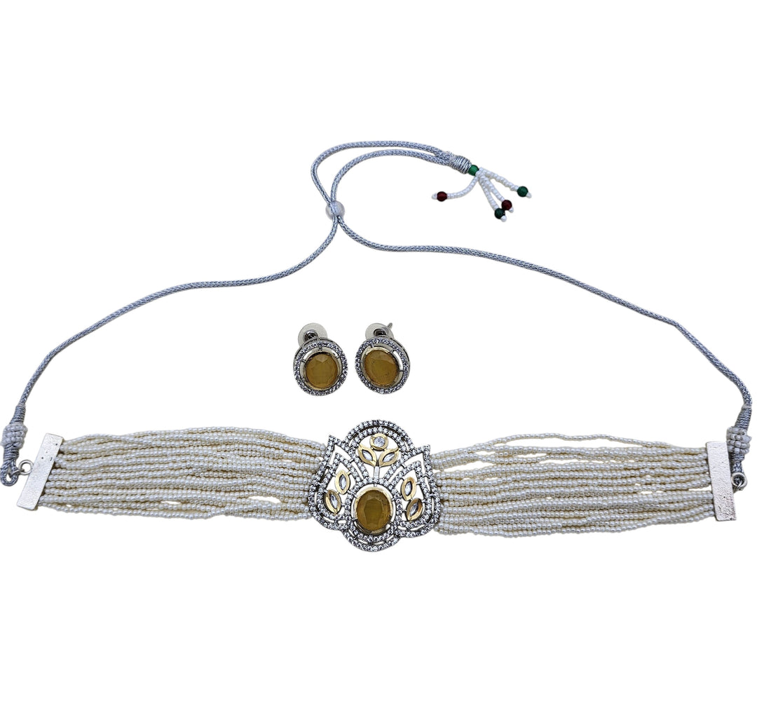 Handcrafted gold-tone choker set with yellow Monalisa pearls, sparkling AD stones, and synthetic Polky accents
