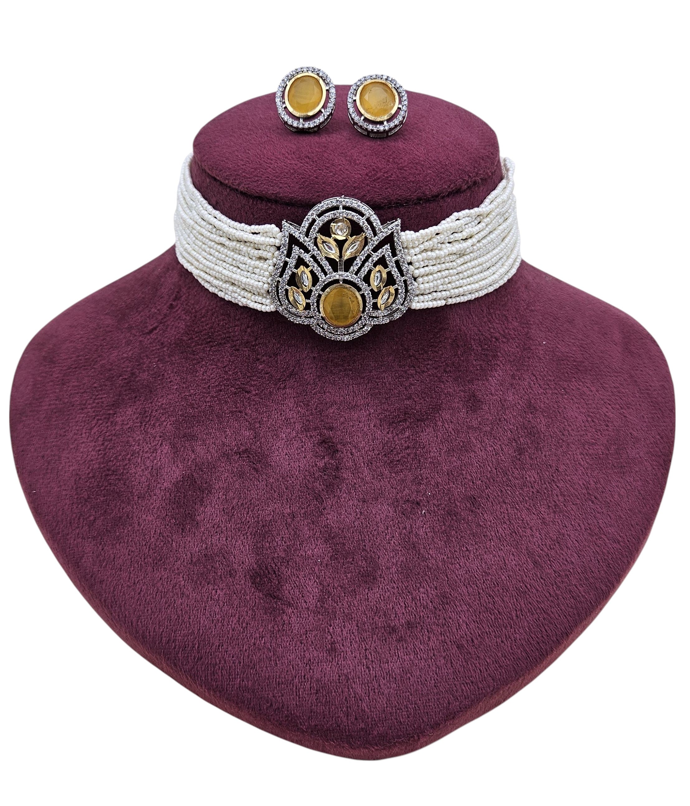 Elegant choker necklace and earring set with yellow Monalisa pearls, synthetic Polky stones, and AD embellishments
