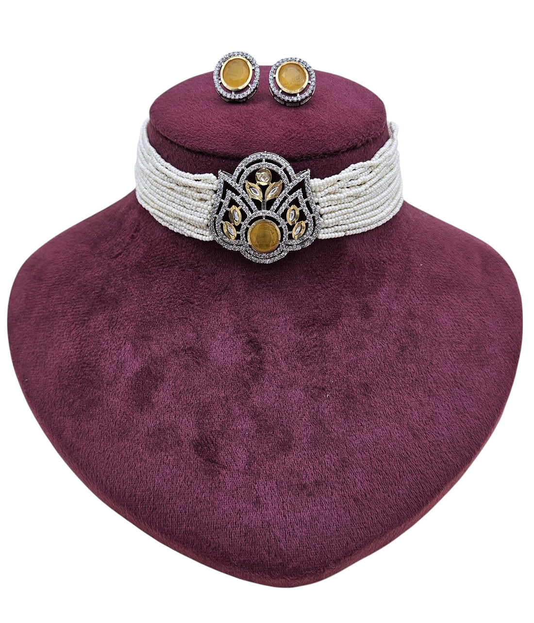 Elegant choker necklace and earring set with yellow Monalisa pearls, synthetic Polky stones, and AD embellishments
