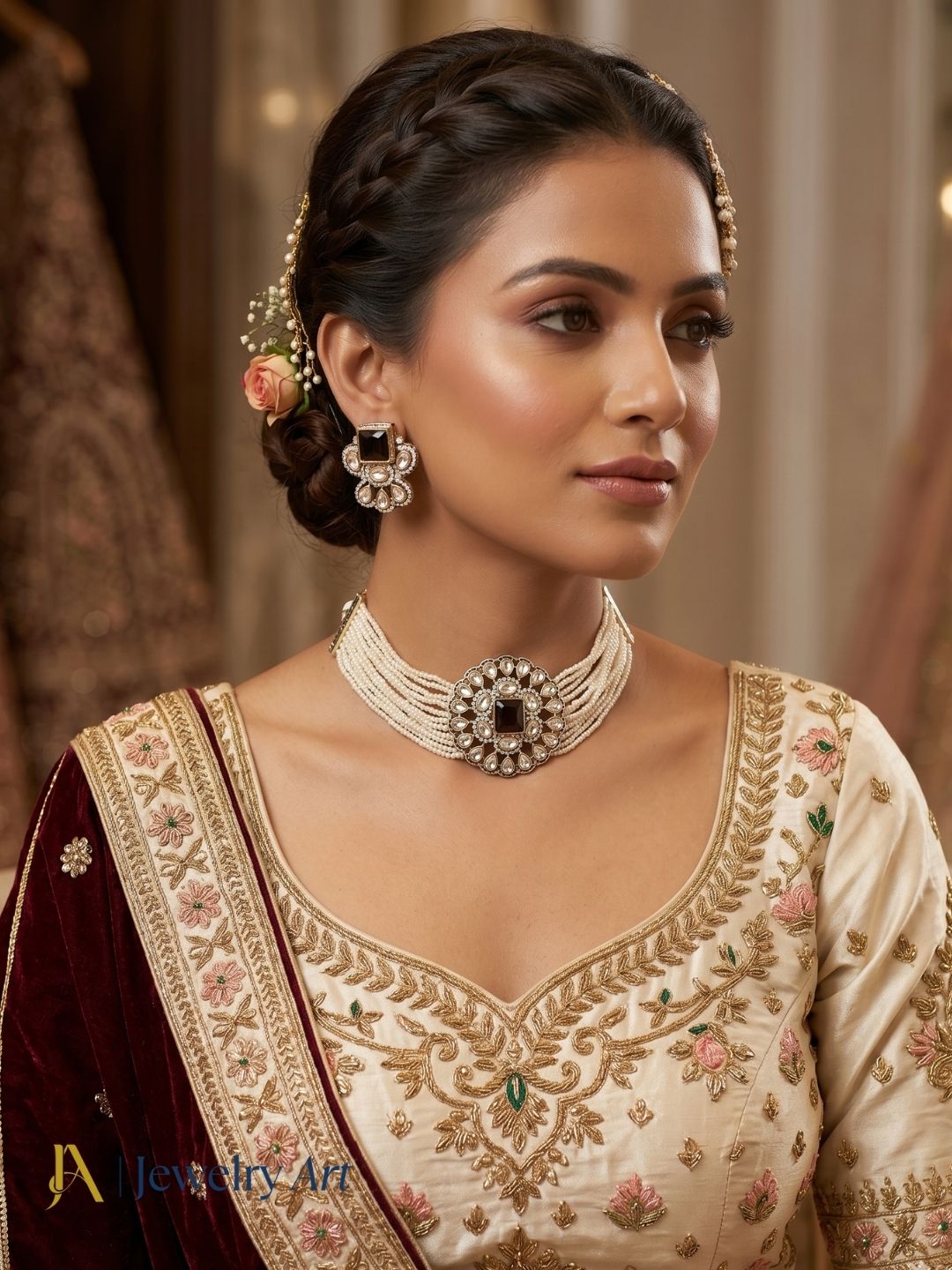 Luxury choker set with glass stones pearls and matching earrings
