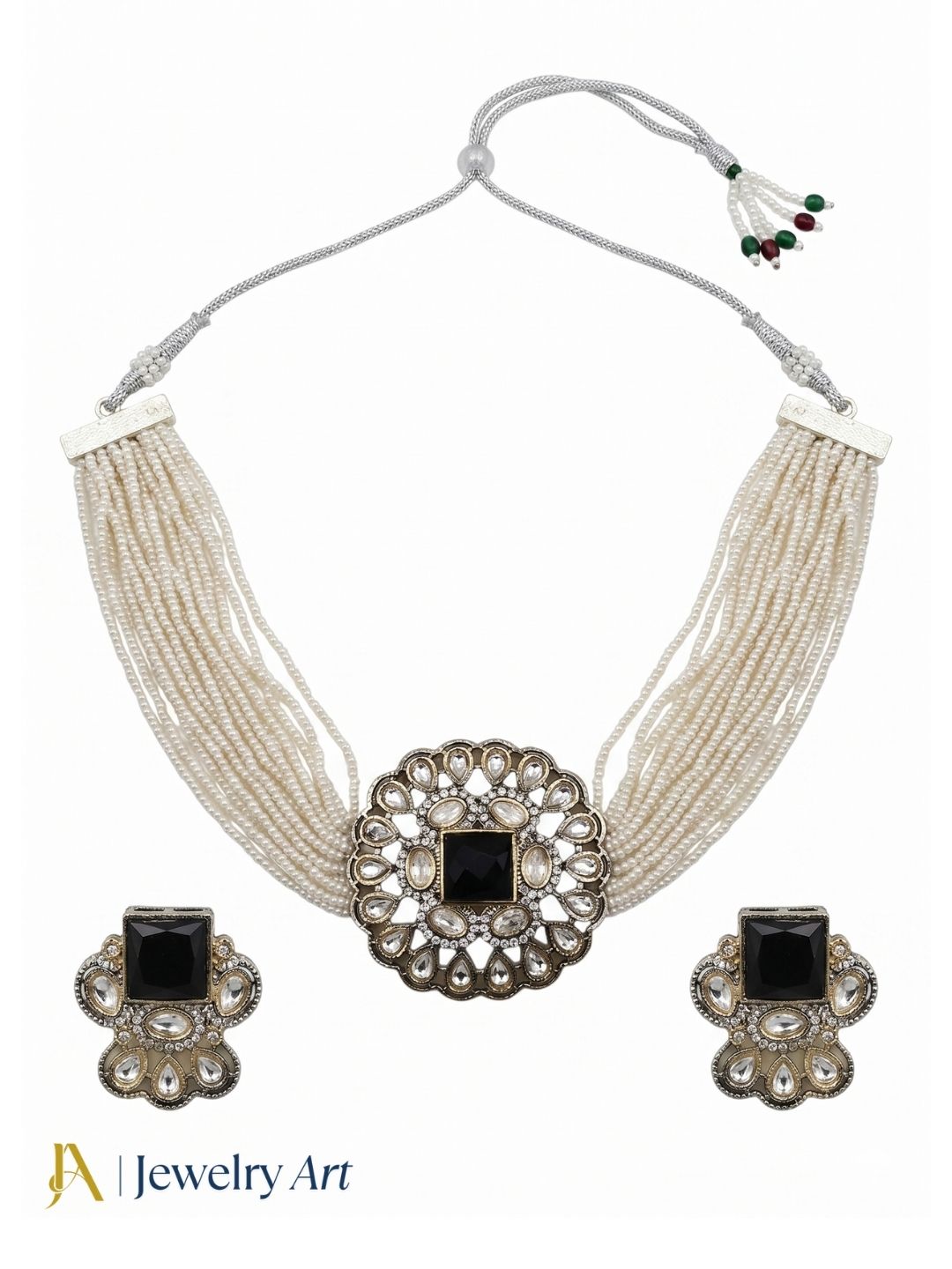 Beautiful AD-Synthetic Polky-Glass Stone-Pearl Choker Necklace-Earring Set