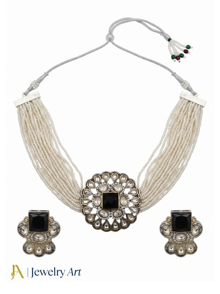 Beautiful AD-Synthetic Polky-Glass Stone-Pearl Choker Necklace-Earring Set