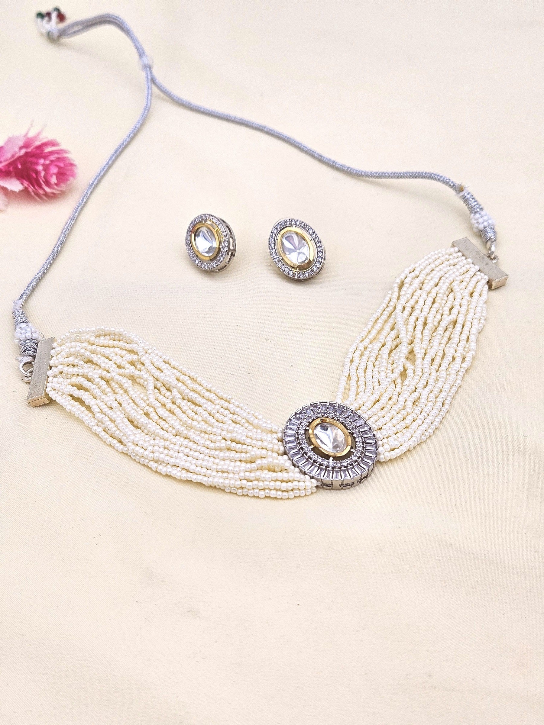 Charming antique gold Polky pearl choker necklace-earring set for women, ideal for weddings and traditional events
