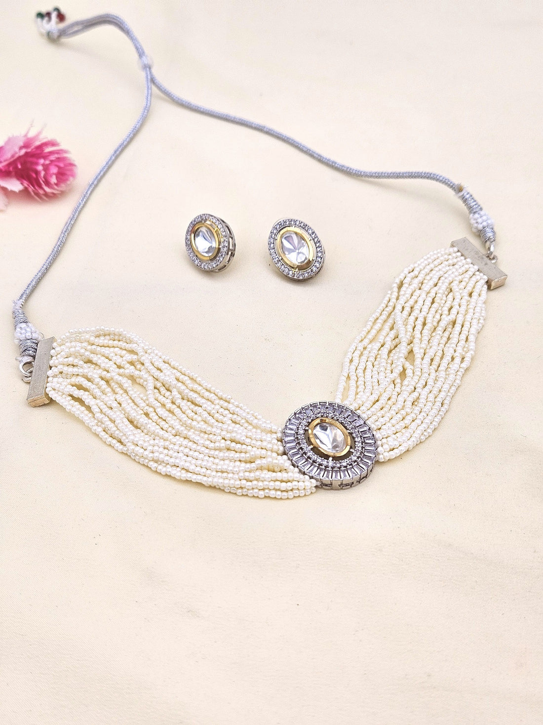 Charming antique gold Polky pearl choker necklace-earring set for women, ideal for weddings and traditional events
