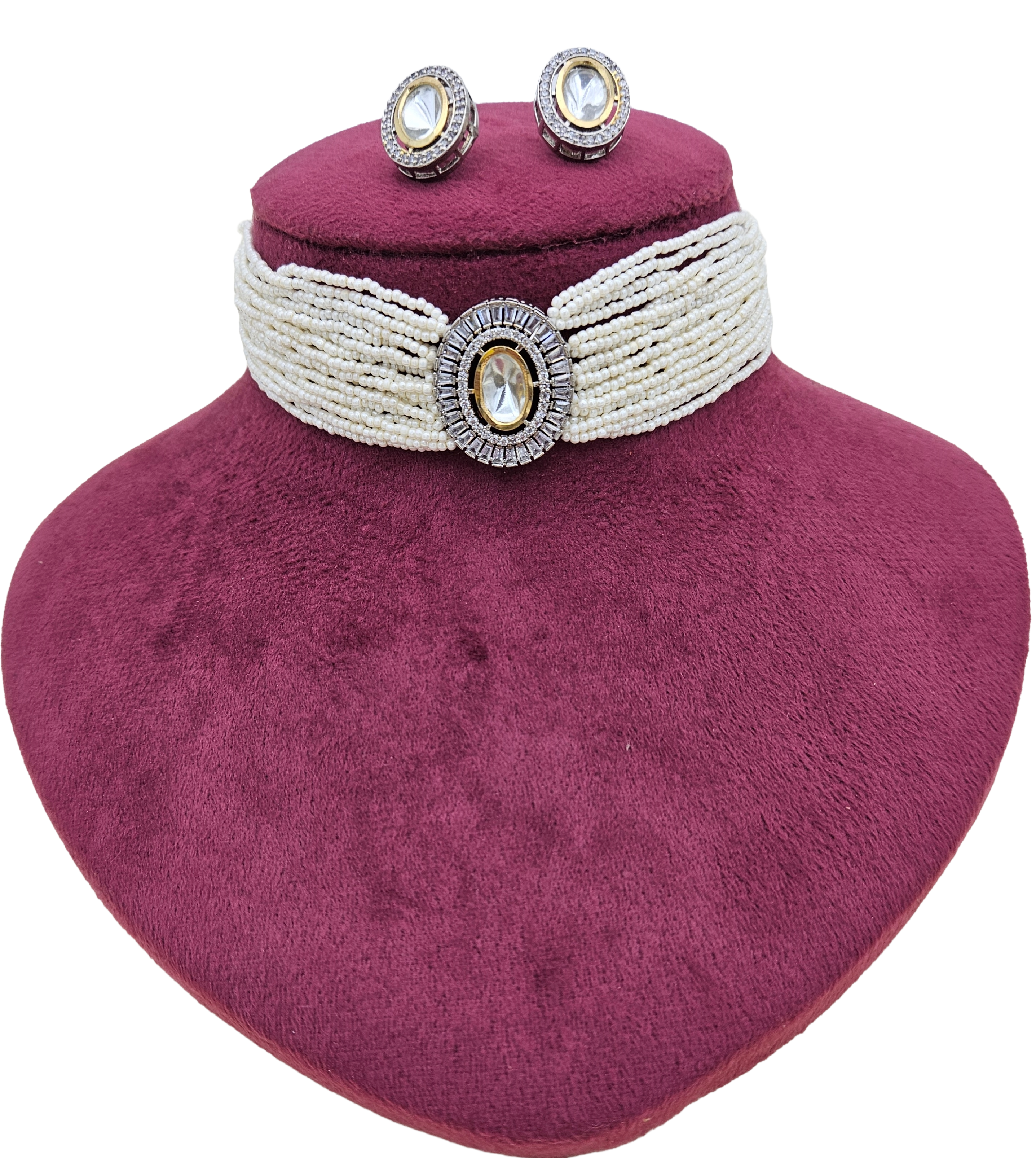 Traditional antique gold choker necklace-earring set with Polky stones and pearl details for women
