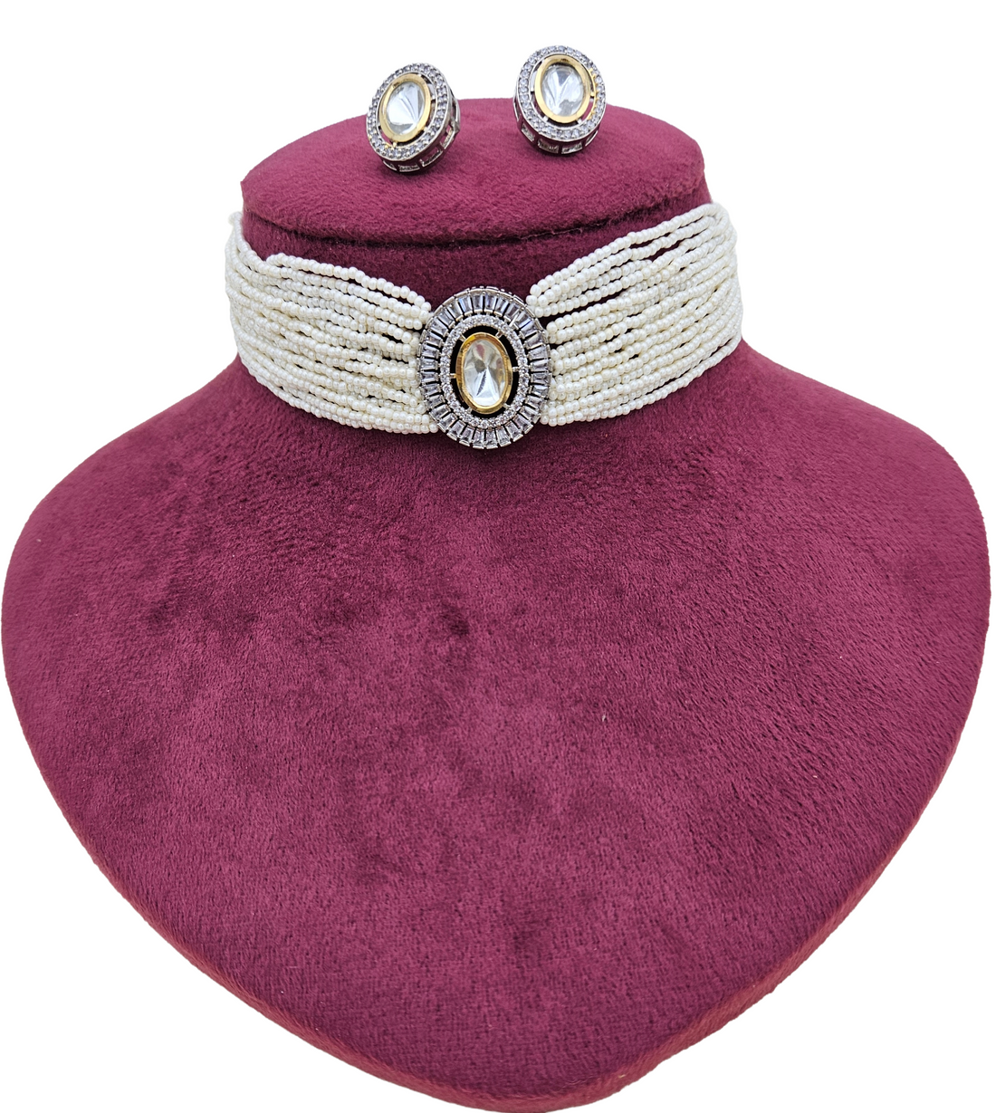 Traditional antique gold choker necklace-earring set with Polky stones and pearl details for women
