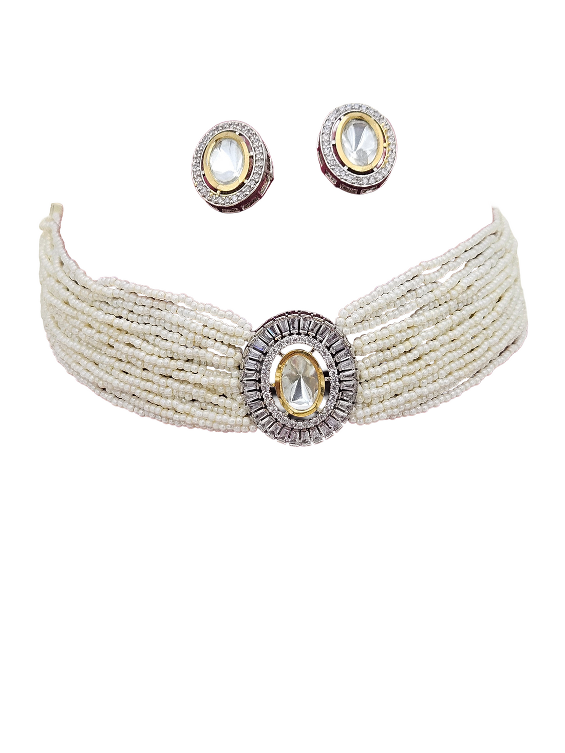 Antique gold plated choker set with Polky and pearl accents, designed for weddings and ethnic events.
