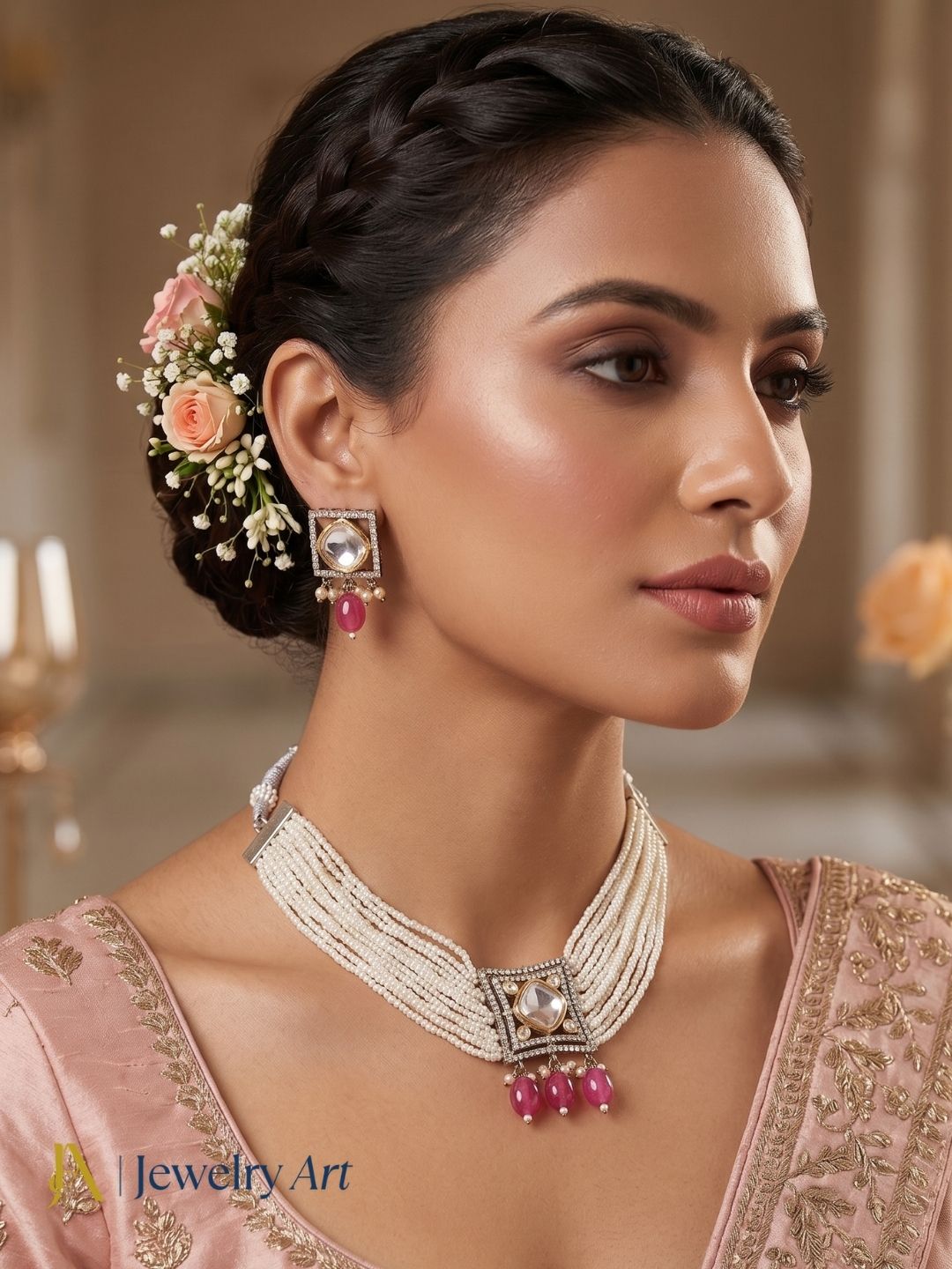 Stunning Antique Gold AD-Faux Kundan Polky-Pink Glass Beads-Pearl Choker Necklace-Earring Set