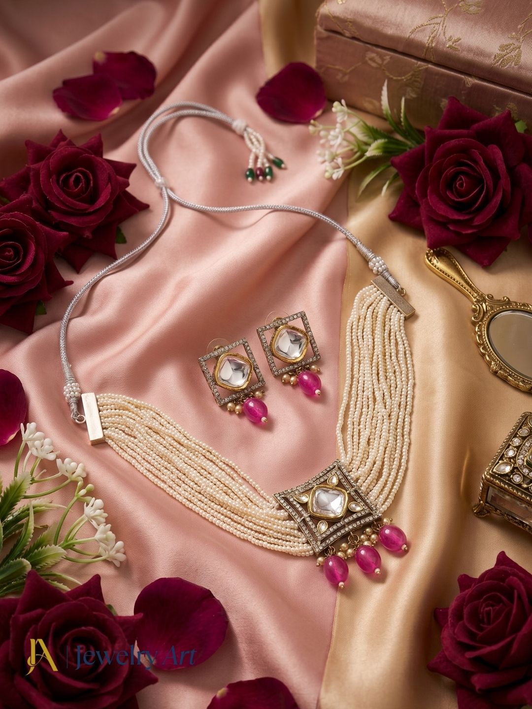 Stunning Antique Gold AD-Faux Kundan Polky-Pink Glass Beads-Pearl Choker Necklace-Earring Set