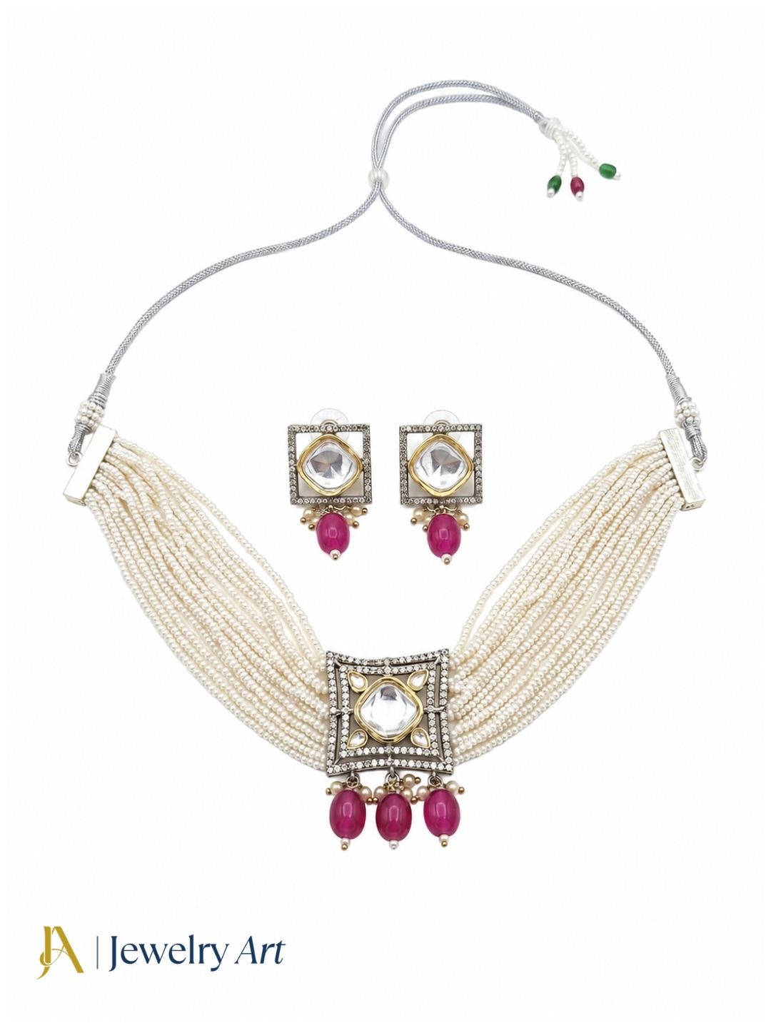 Stunning Antique Gold AD-Faux Kundan Polky-Pink Glass Beads-Pearl Choker Necklace-Earring Set