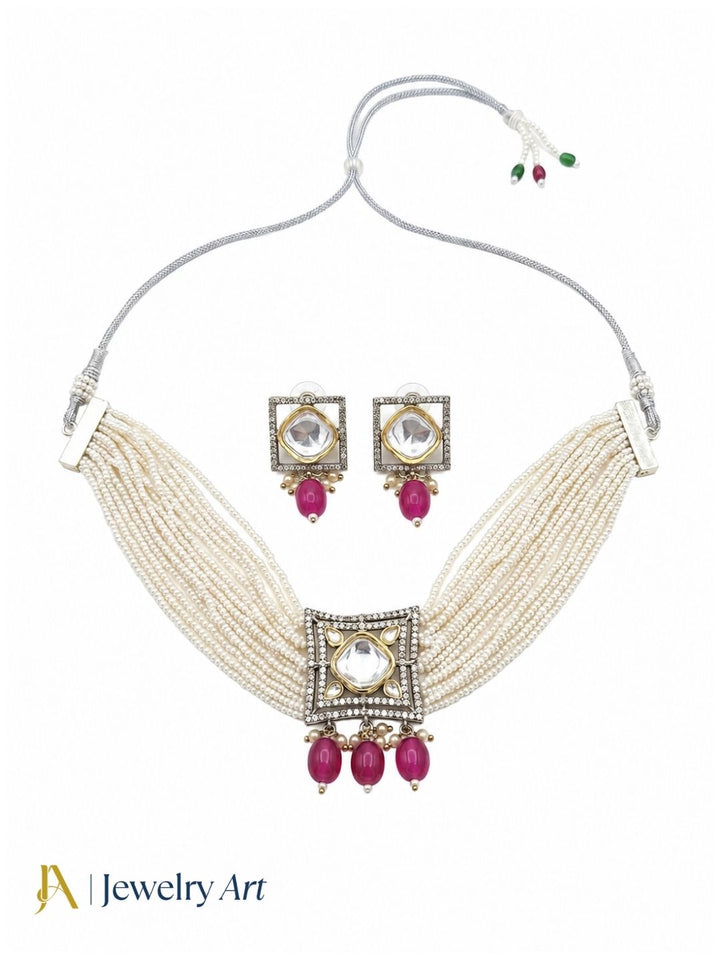 Stunning Antique Gold AD-Faux Kundan Polky-Pink Glass Beads-Pearl Choker Necklace-Earring Set