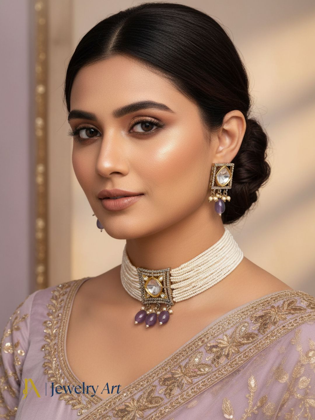 Fashion antique gold necklace earrings set with polky and pink stone detailing

