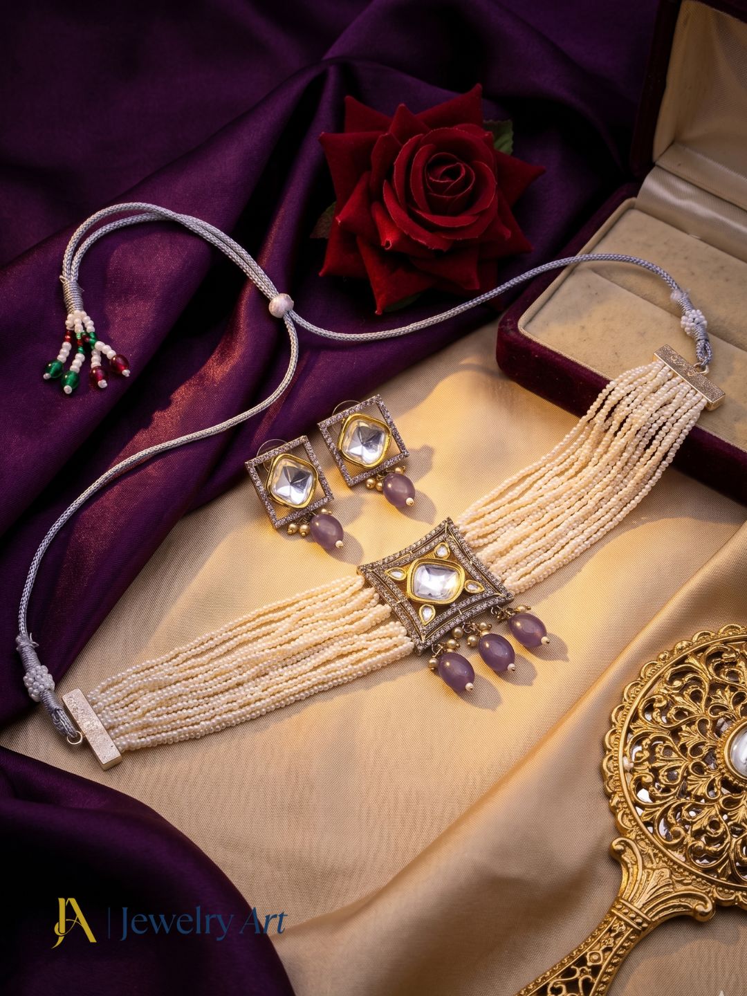 Fashion antique gold necklace earrings set with polky and pink stone detailing
