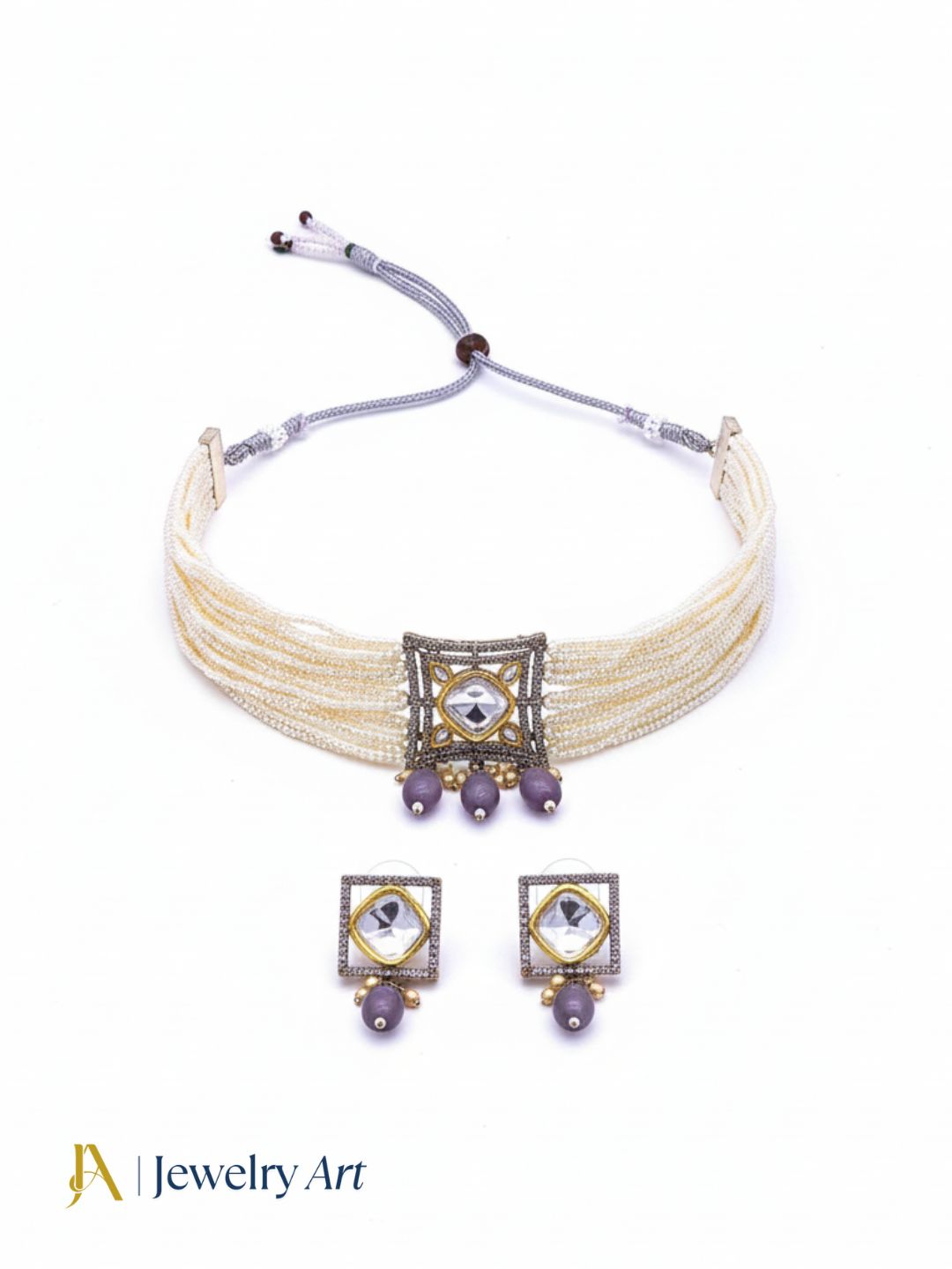 Fashion antique gold necklace earrings set with polky and pink stone detailing
