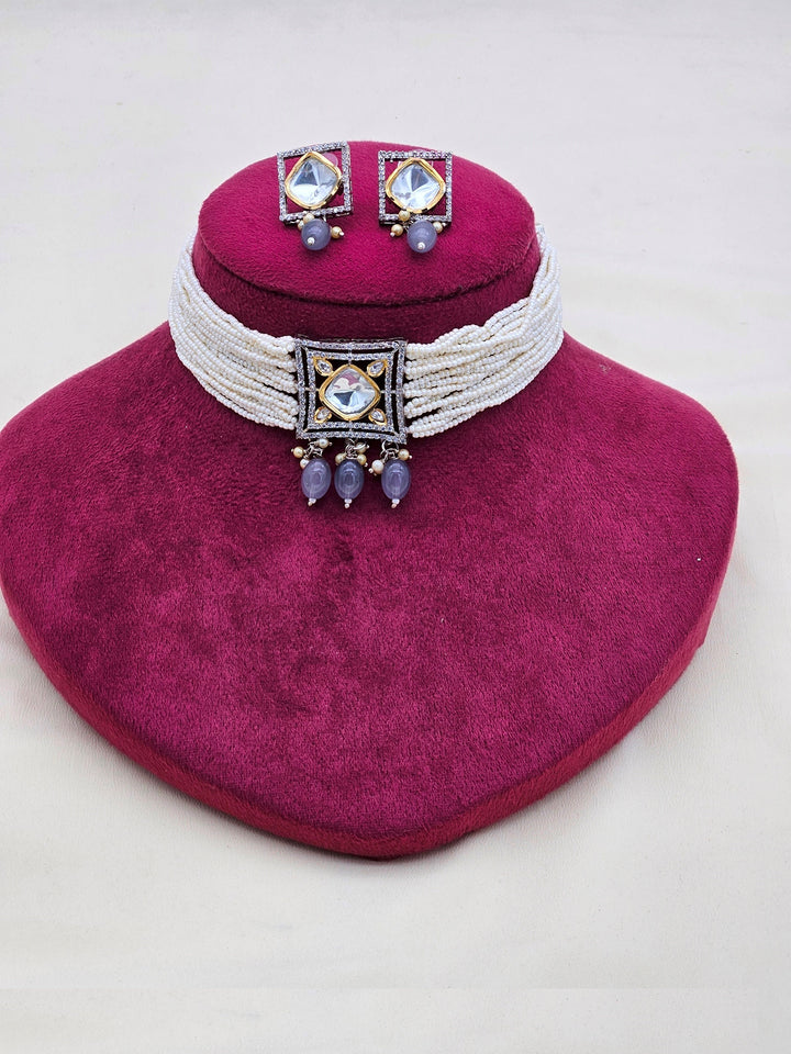Stunning Antique Gold AD-Faux Kundan Polky-Purple Glass Beads-Pearl Choker Necklace-Earring Set