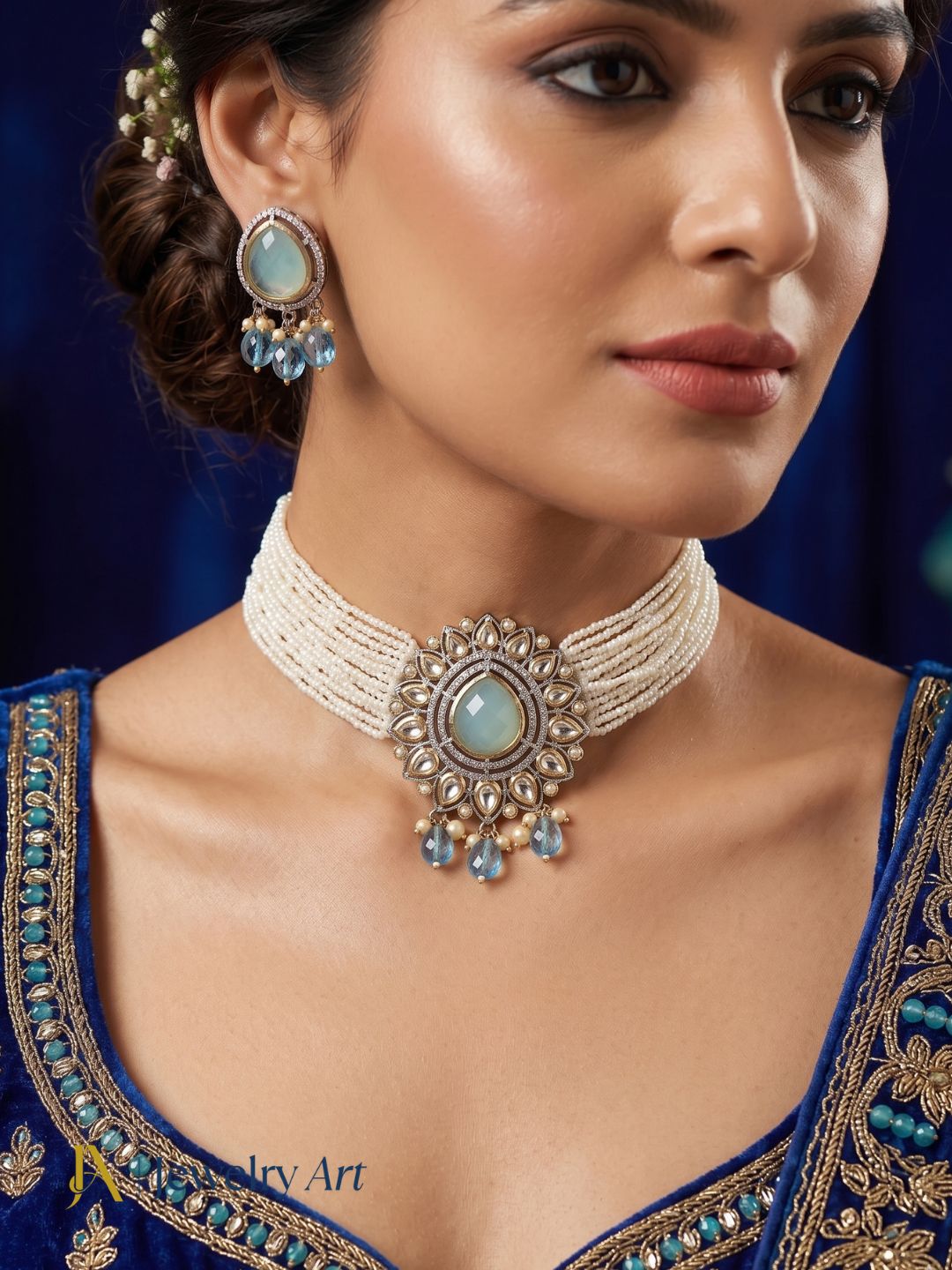 Fashion antique gold necklace earrings set with polky and Monalisa stone work
