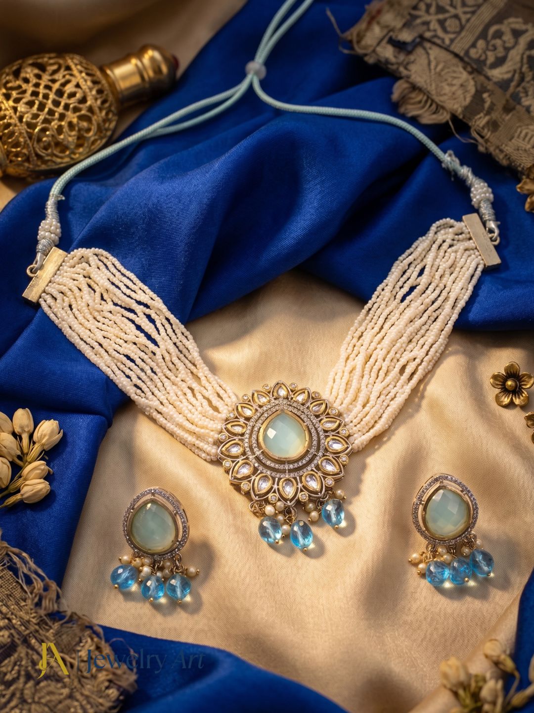 Fashion antique gold necklace earrings set with polky and Monalisa stone work

