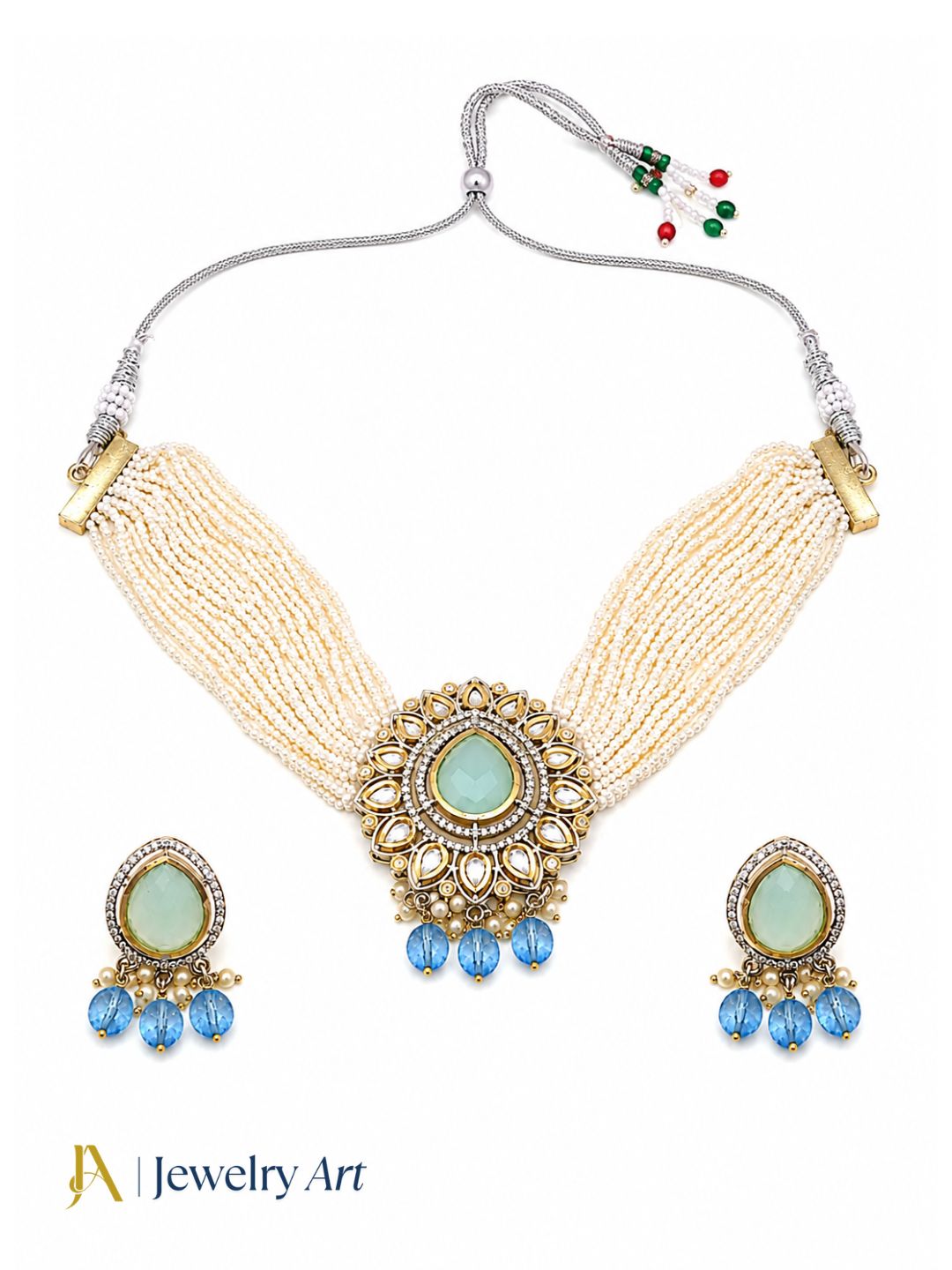 Fashion antique gold necklace earrings set with polky and Monalisa stone work
