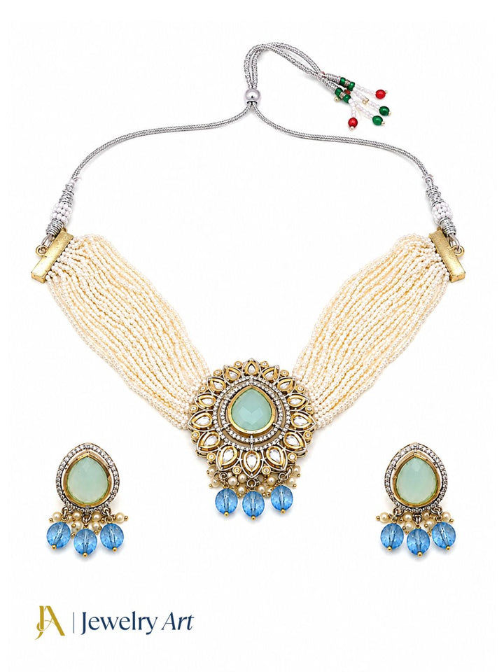 Fashion antique gold necklace earrings set with polky and Monalisa stone work
