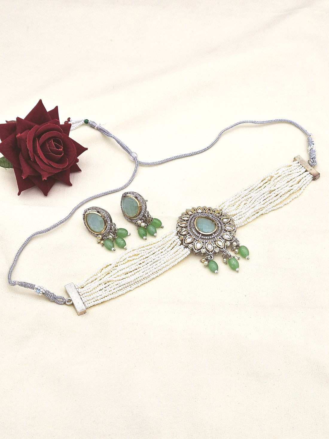 Charming Antique Gold AD-Faux Kundan Glass Polky- Monalisa Stone -Pearl-Green Glass Beads  Choker Necklace-Earringn Set