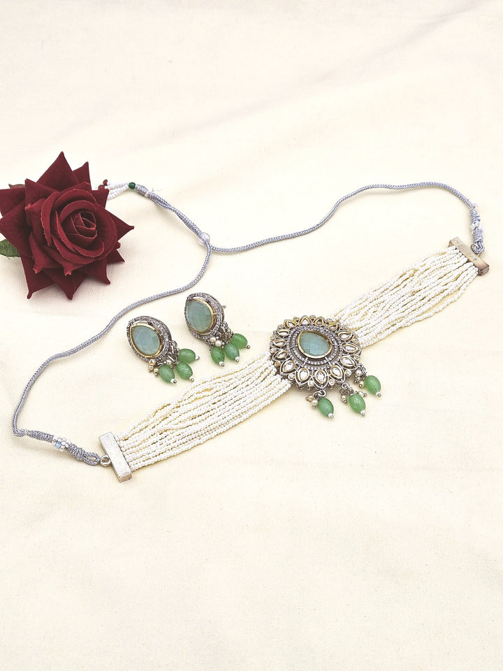 Charming Antique Gold AD-Faux Kundan Glass Polky- Monalisa Stone -Pearl-Green Glass Beads  Choker Necklace-Earringn Set