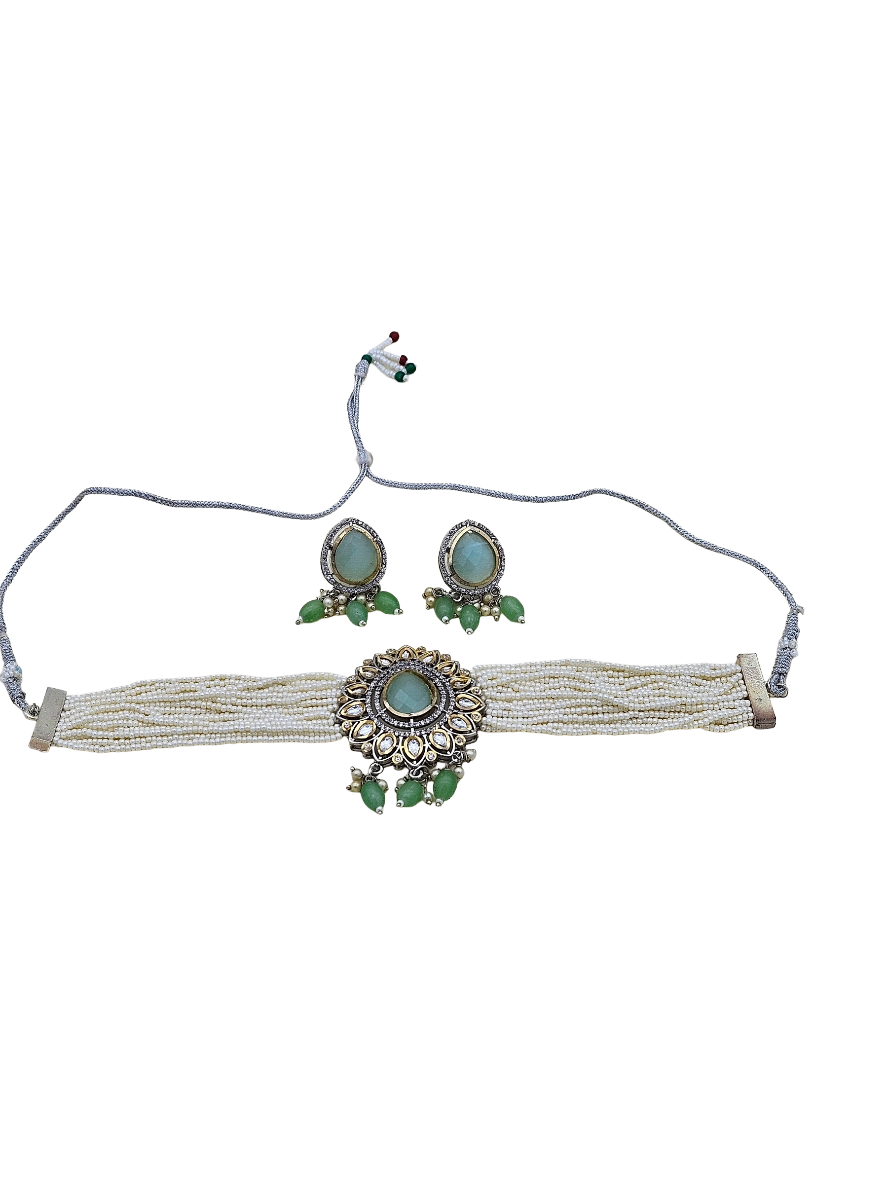 Charming Antique Gold AD-Faux Kundan Glass Polky- Monalisa Stone -Pearl-Green Glass Beads  Choker Necklace-Earringn Set